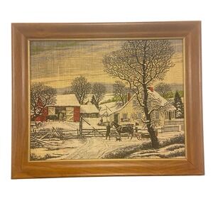 Vintage KAY DEE Linen Handprints Winter Snow FARM Scene Framed Textile 13 X 16.5